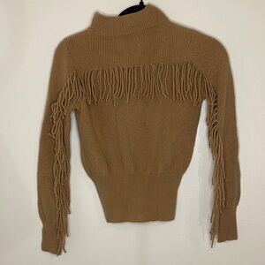 Brodie Cashmere Womens Sophia Fringe Sweater Camel Mock Neck Western Boho XS